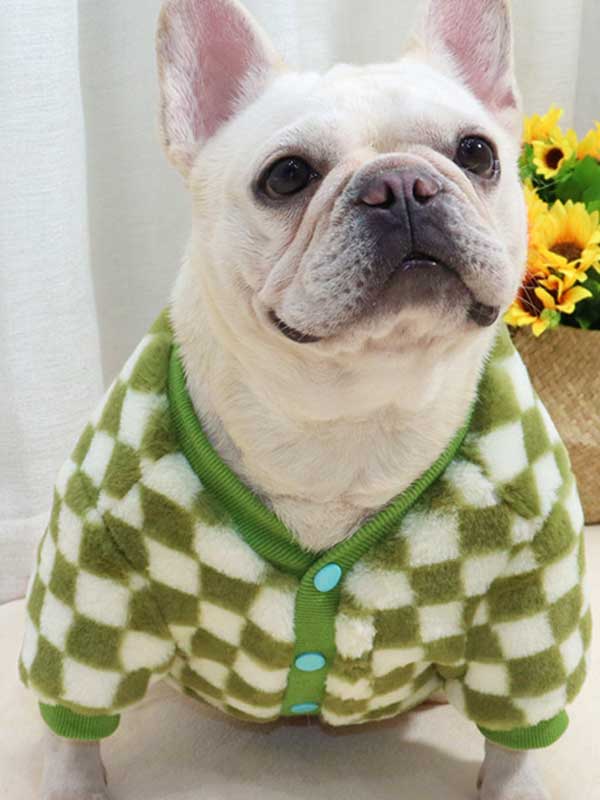 GMTPET Green and white checkerboard fat dog bulldog pug dog French fighting winter clothes plus velvet thick cardigan plush sweater 107-222039 gmtpet.cn